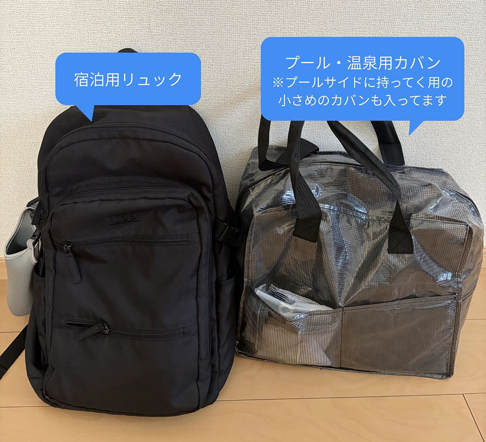 宿泊用リュックとプール・温泉用カバン